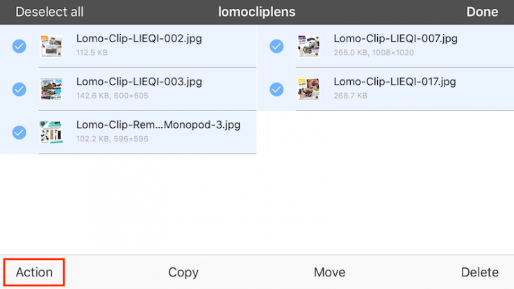 Lomo Clip Lens iDrive for ios LM 201 เลือกปุ่ม “Action” (มุมซ้ายล่าง)